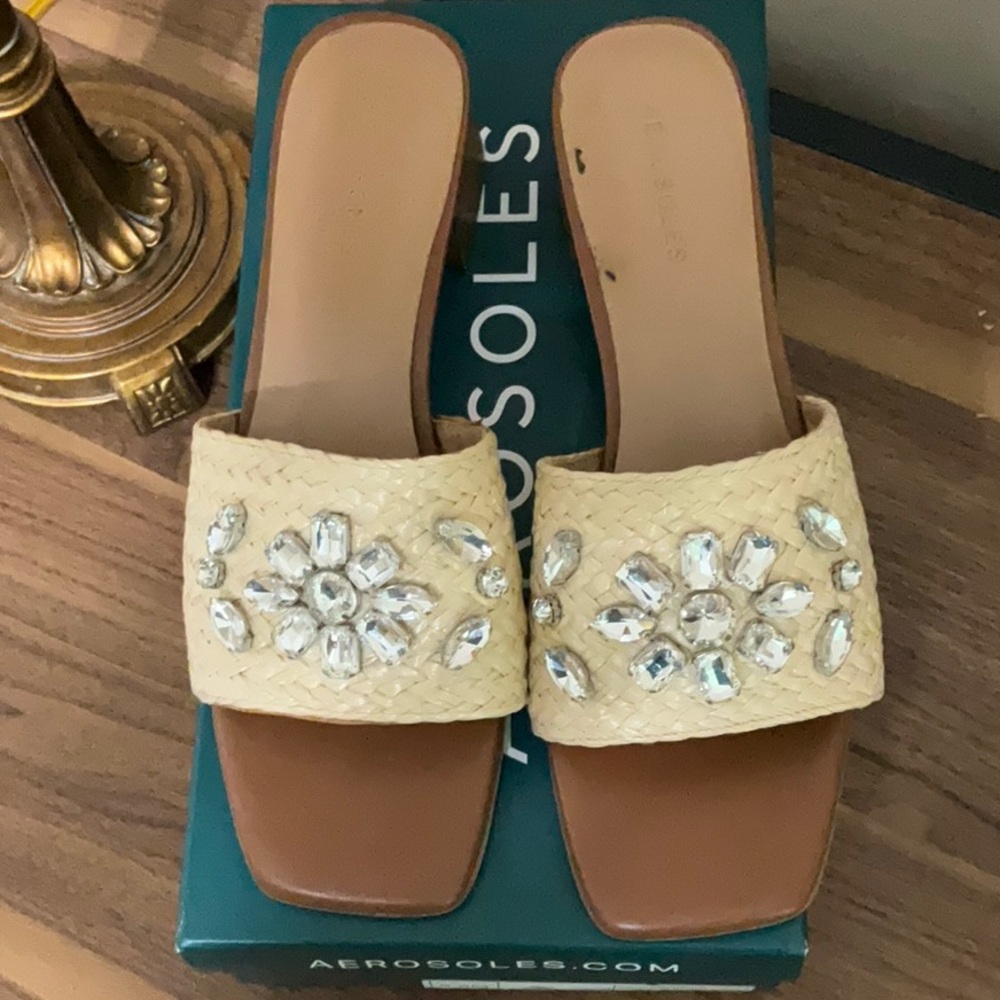 AEROSOLES Tan Mules with Embellished Strap